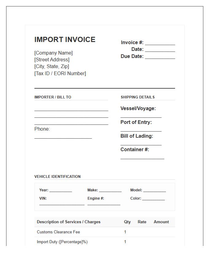 Automotive Import Handling Invoice Template