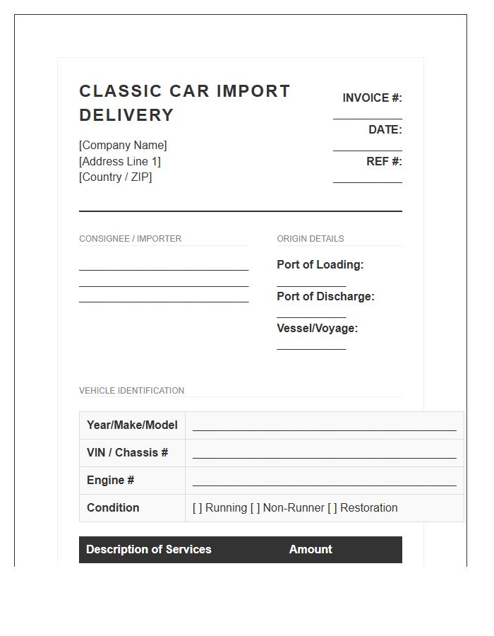 Classic Car Import Delivery Invoice Template