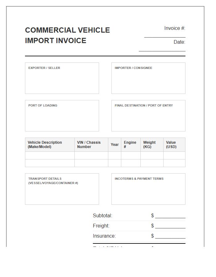 Commercial Vehicle Importation Invoice Template