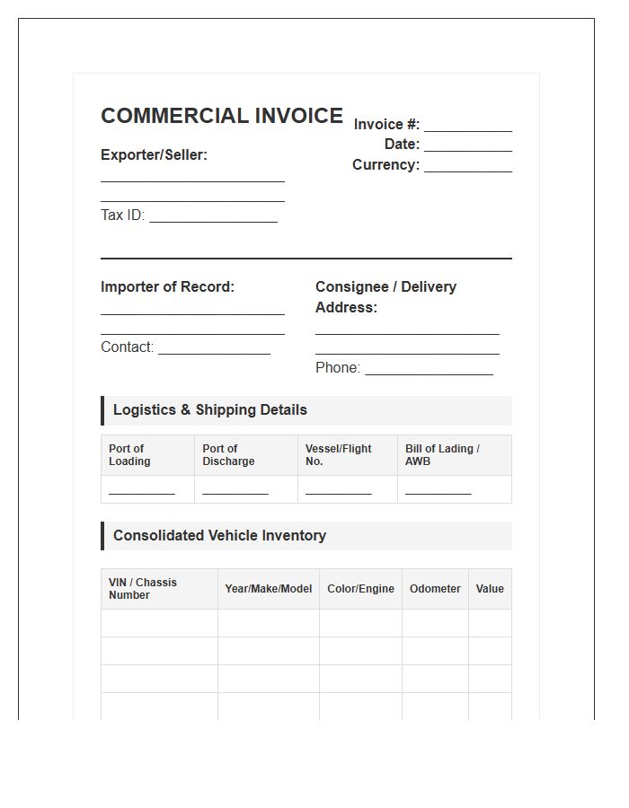 Consolidated Vehicle Import Invoice Template