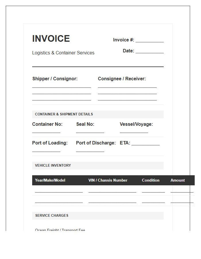 Containerized Vehicle Delivery Invoice Template
