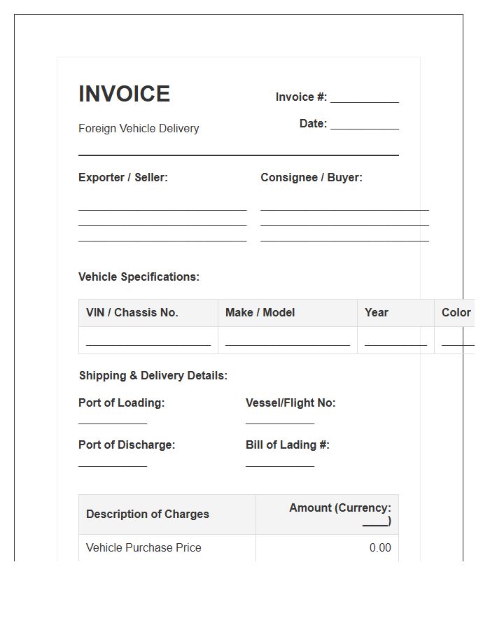 Foreign Vehicle Delivery Invoice Template