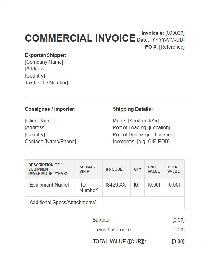 Heavy Equipment Import Invoice Template