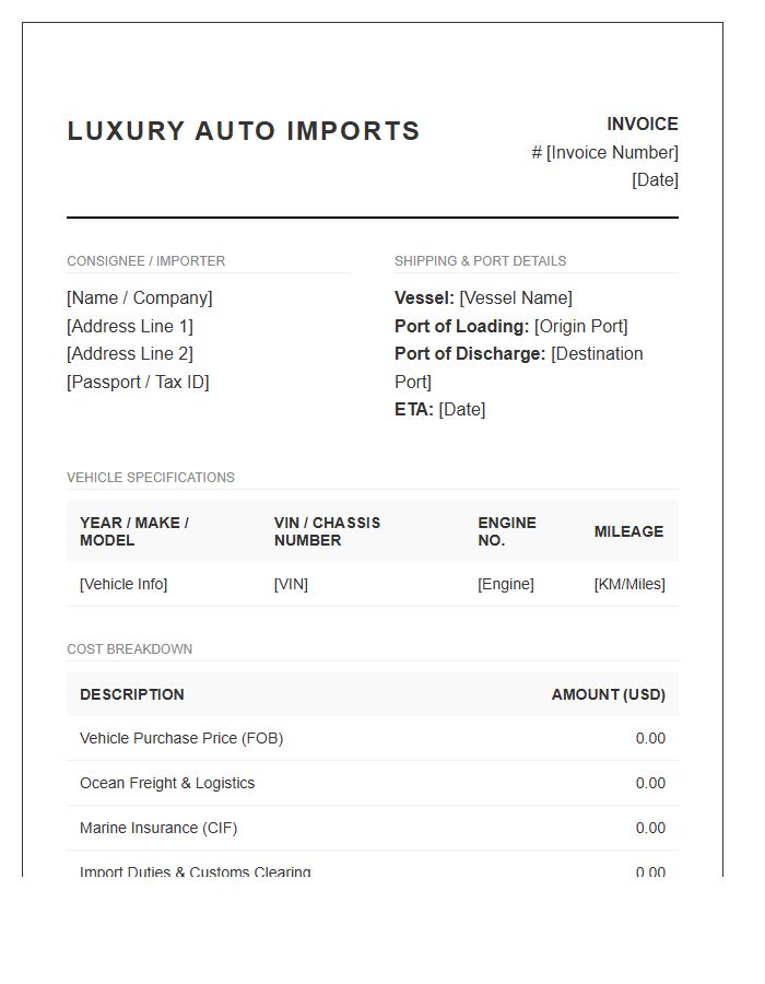 Luxury Car Importation Invoice Template