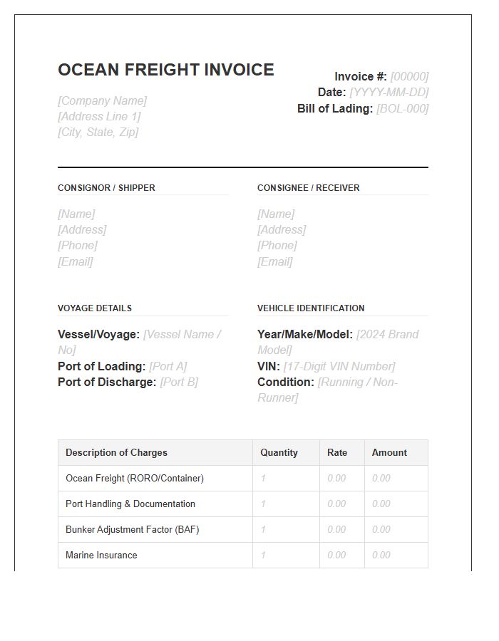 Ocean Freight Vehicle Transport Invoice Template
