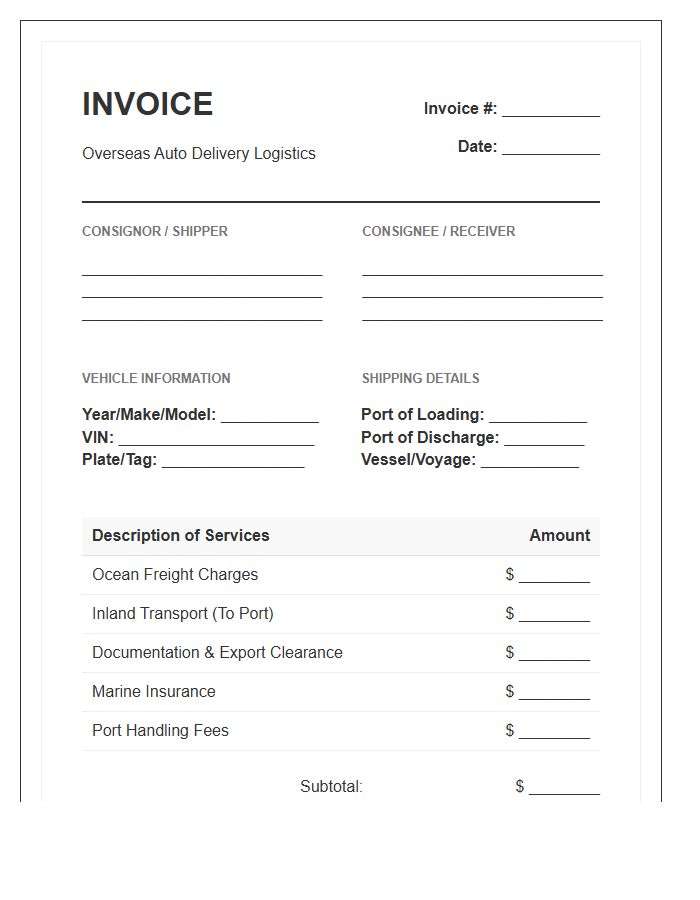 Overseas Auto Delivery Invoice Template
