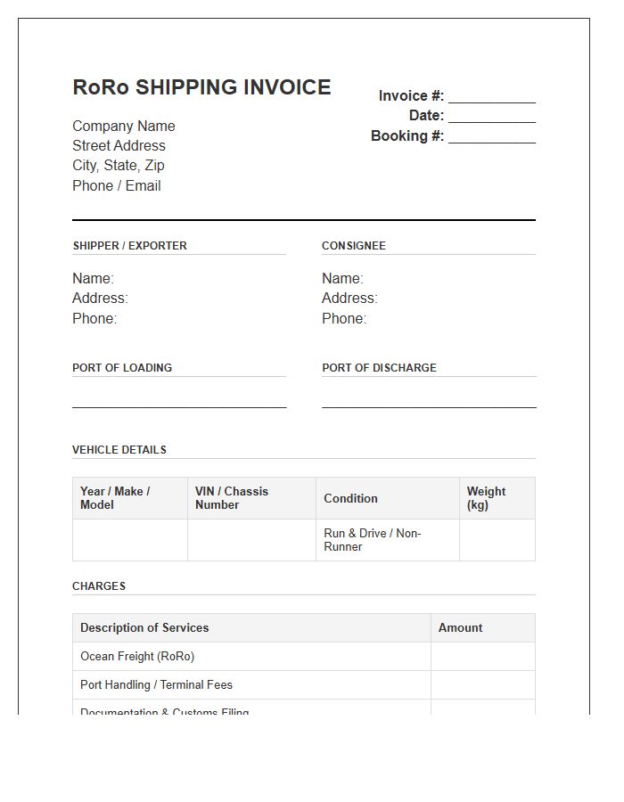 RoRo Vehicle Shipping Invoice Template