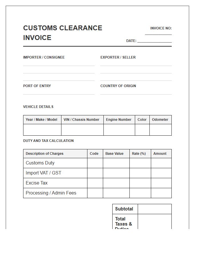 Vehicle Import Customs Clearance Invoice Template