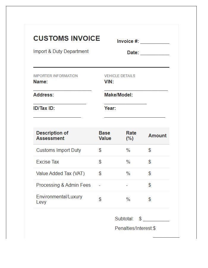 Vehicle Import Duties Invoice Template