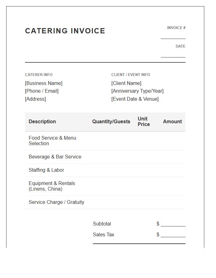 Anniversary Celebration Catering Invoice Template