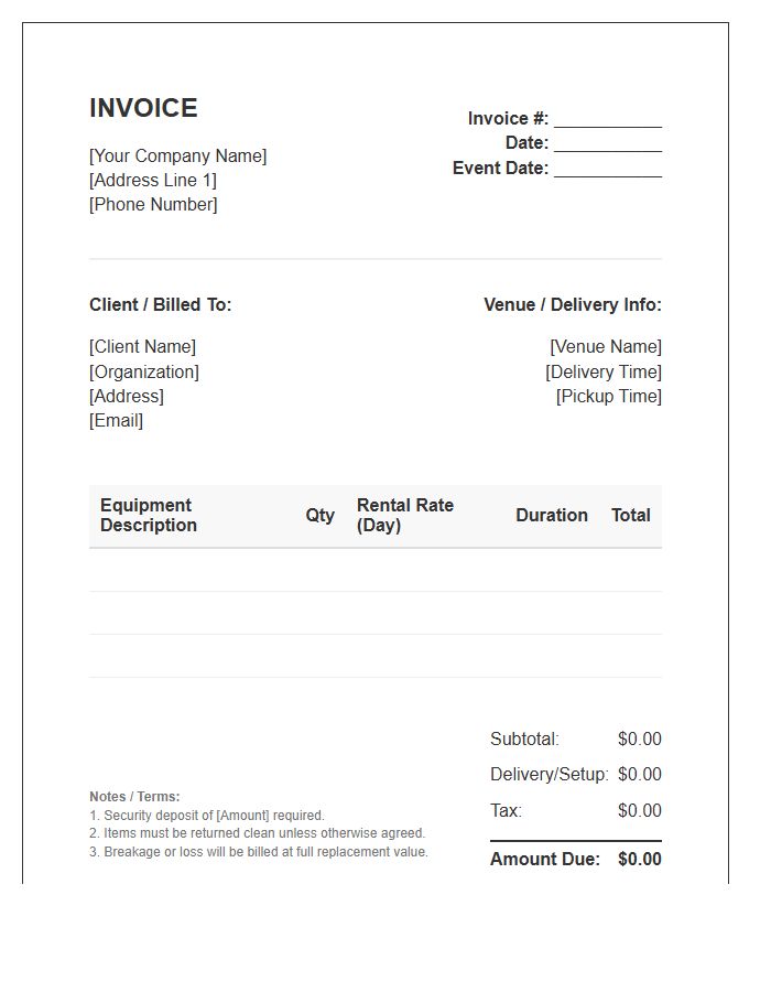 Catering Equipment Rental Invoice Template
