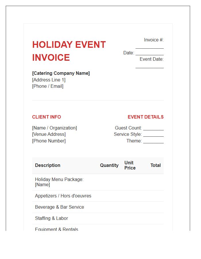 Holiday Event Catering Invoice Template