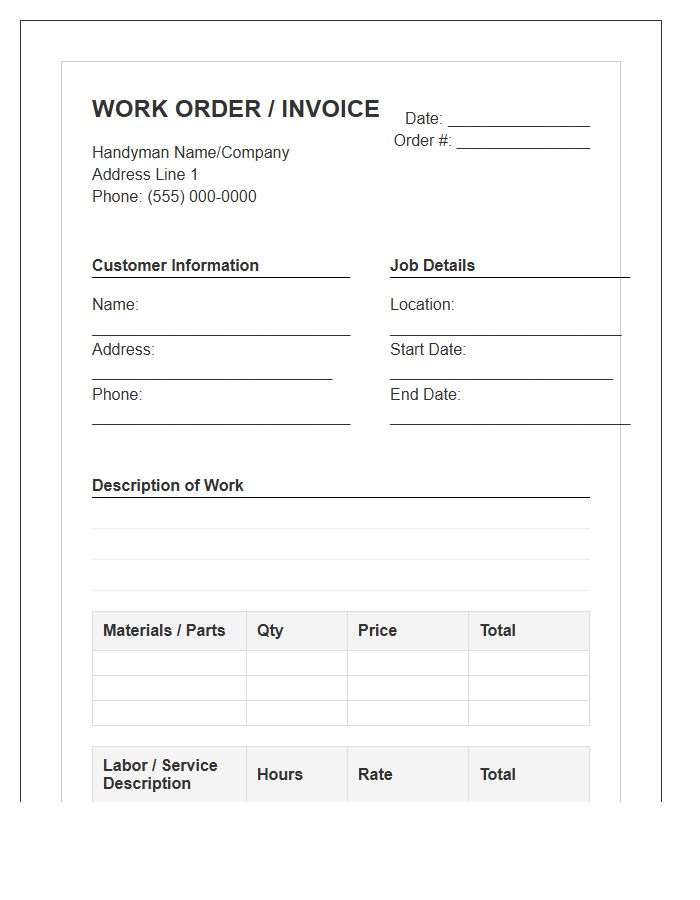 Blank Handyman Work Order Invoice Template