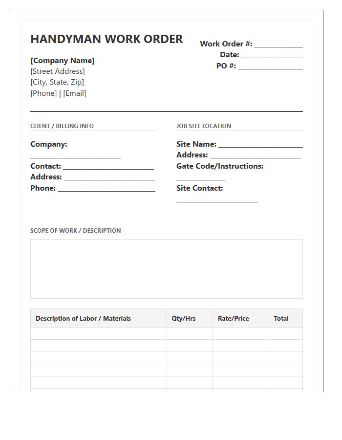 Commercial Handyman Work Order Invoice Template