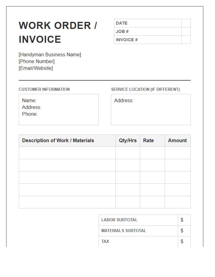 Contractor Handyman Work Order Invoice Template