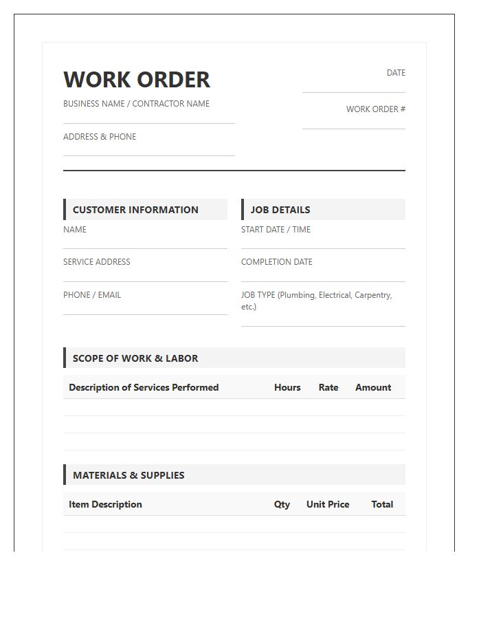 Detailed Handyman Work Order Invoice Template
