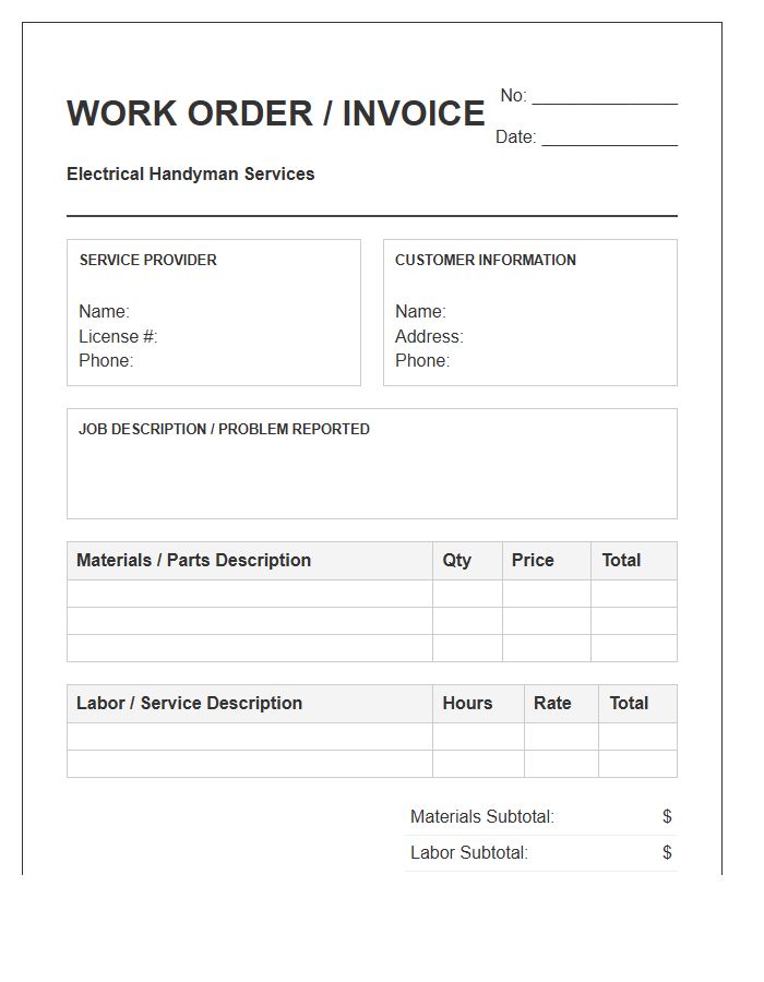 Electrical Handyman Work Order Invoice Template