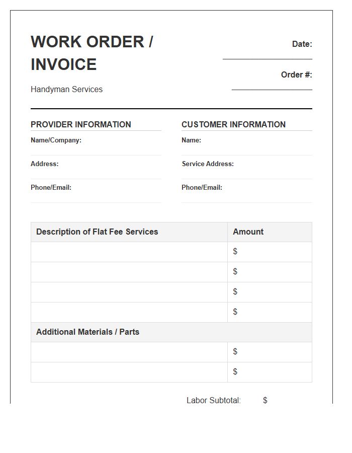 Flat Fee Handyman Work Order Invoice Template