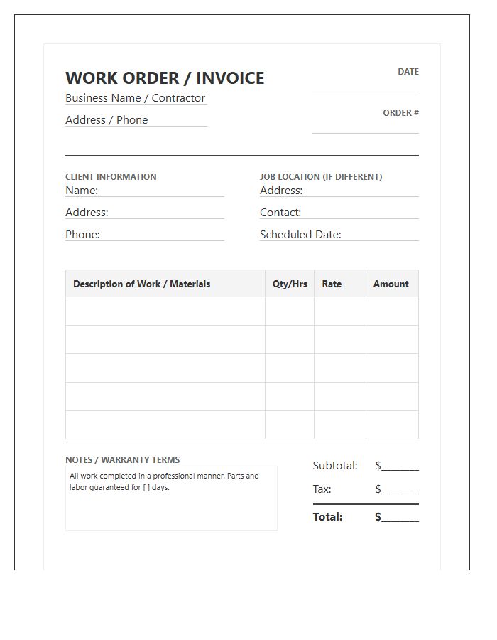 Formal Handyman Work Order Invoice Template