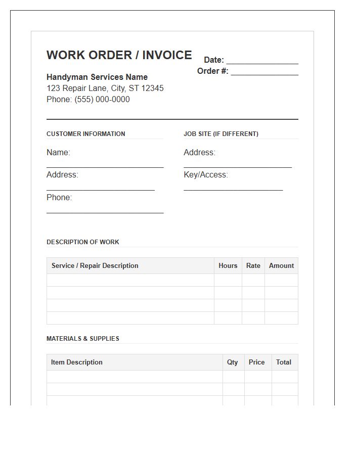 General Repair Handyman Work Order Invoice Template