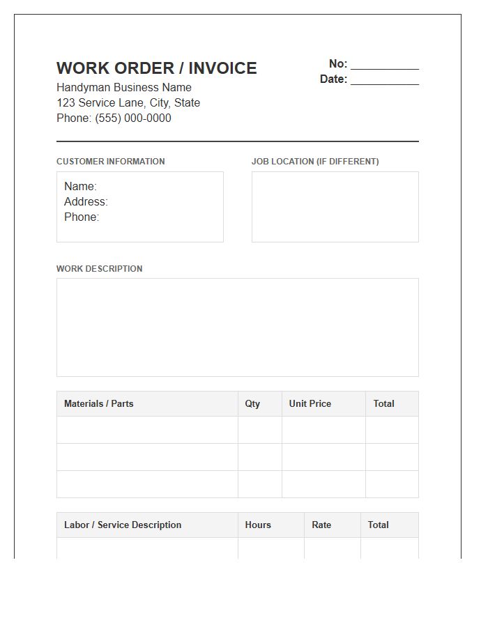 Handyman Maintenance Work Order Invoice Template