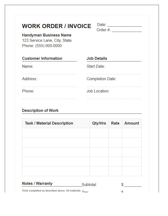Home Improvement Handyman Work Order Invoice Template