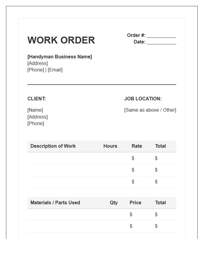Hourly Rate Handyman Work Order Invoice Template