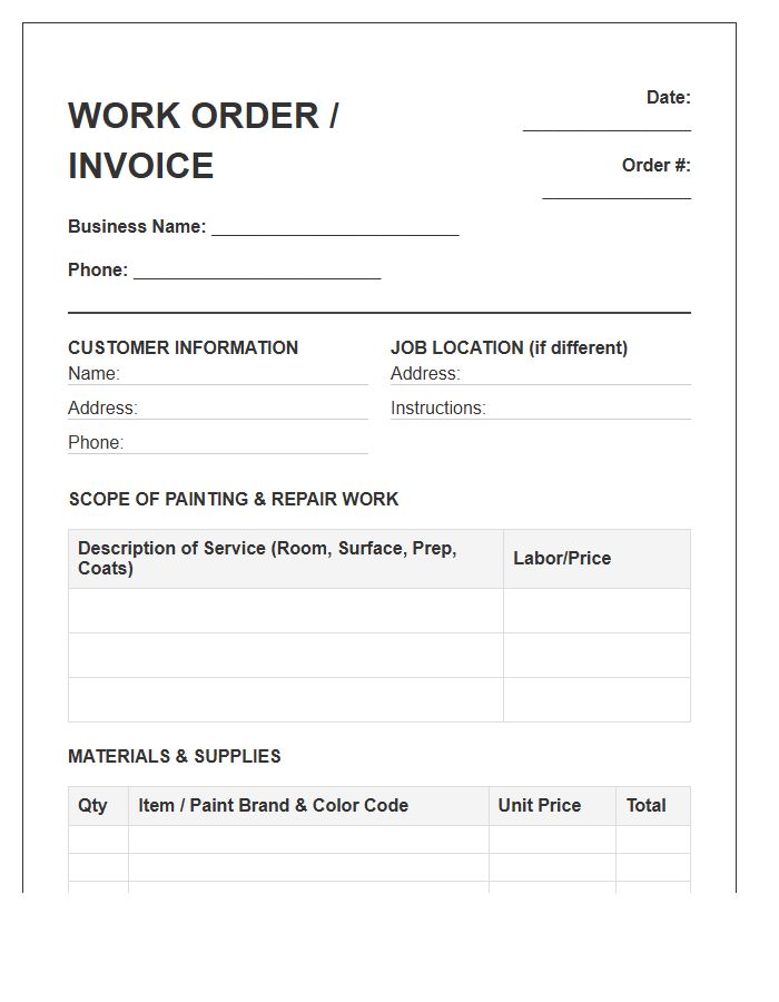 Painting Handyman Work Order Invoice Template