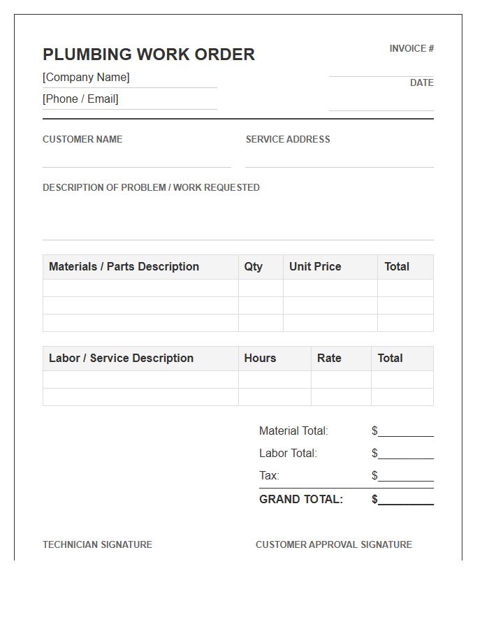 Plumbing Handyman Work Order Invoice Template