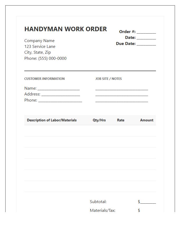 Professional Handyman Work Order Invoice Template