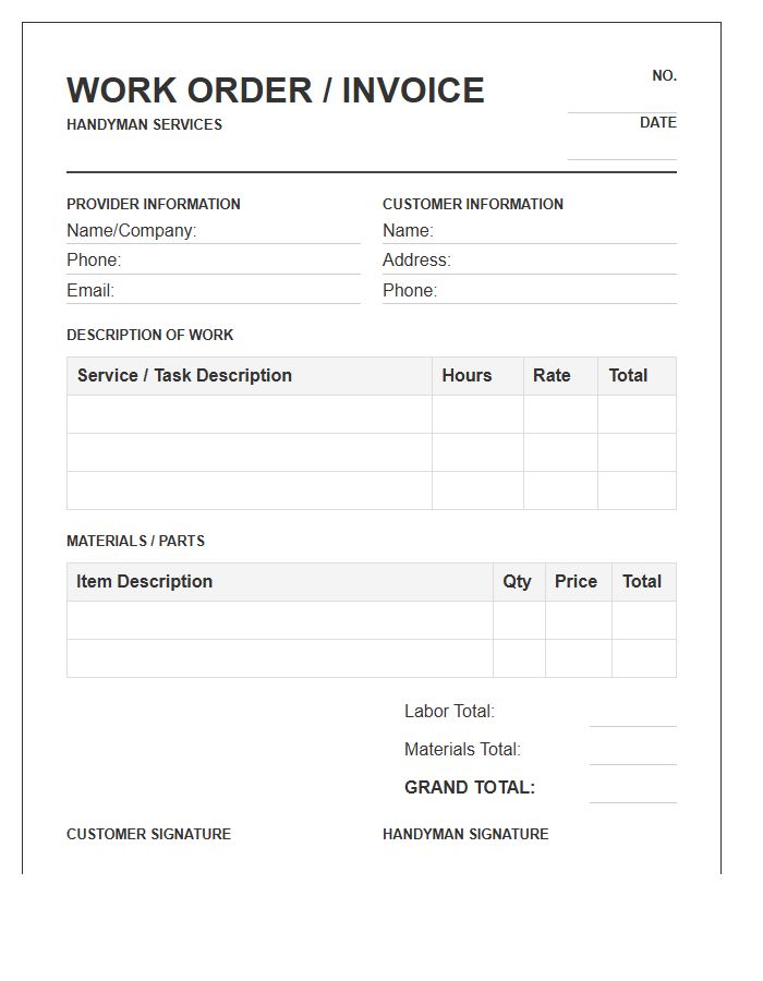 Residential Handyman Work Order Invoice Template