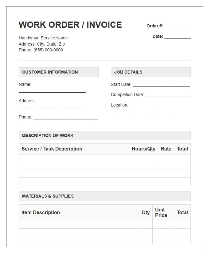 Service Handyman Work Order Invoice Template