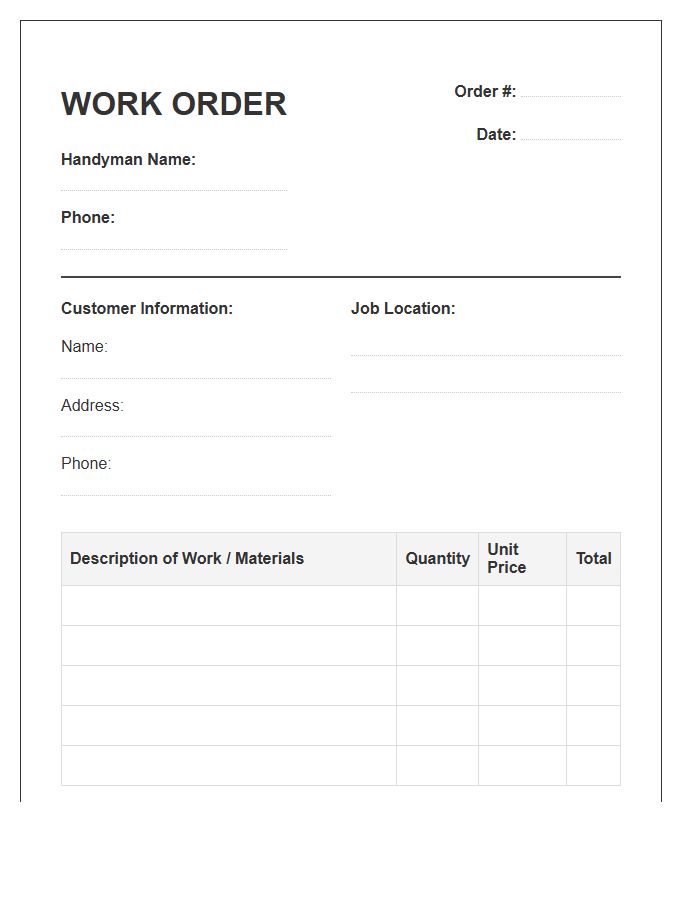 Simple Handyman Work Order Invoice Template