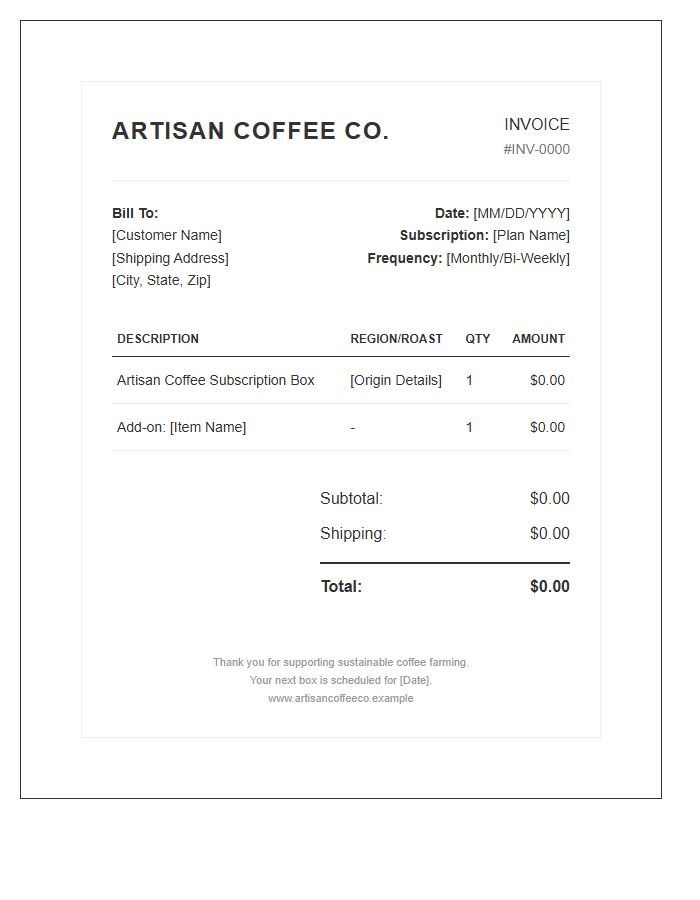 Artisan Coffee Subscription Box Invoice Template