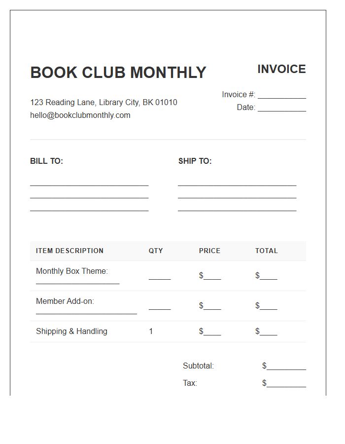 Book Club Monthly Box Invoice Template