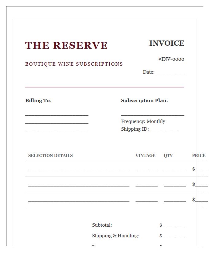 Boutique Wine Subscription Box Invoice Template