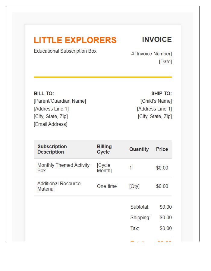 Childrens Educational Box Subscription Invoice Template