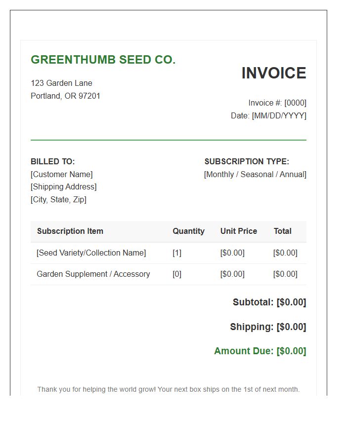 Gardening Seed Subscription Box Invoice Template