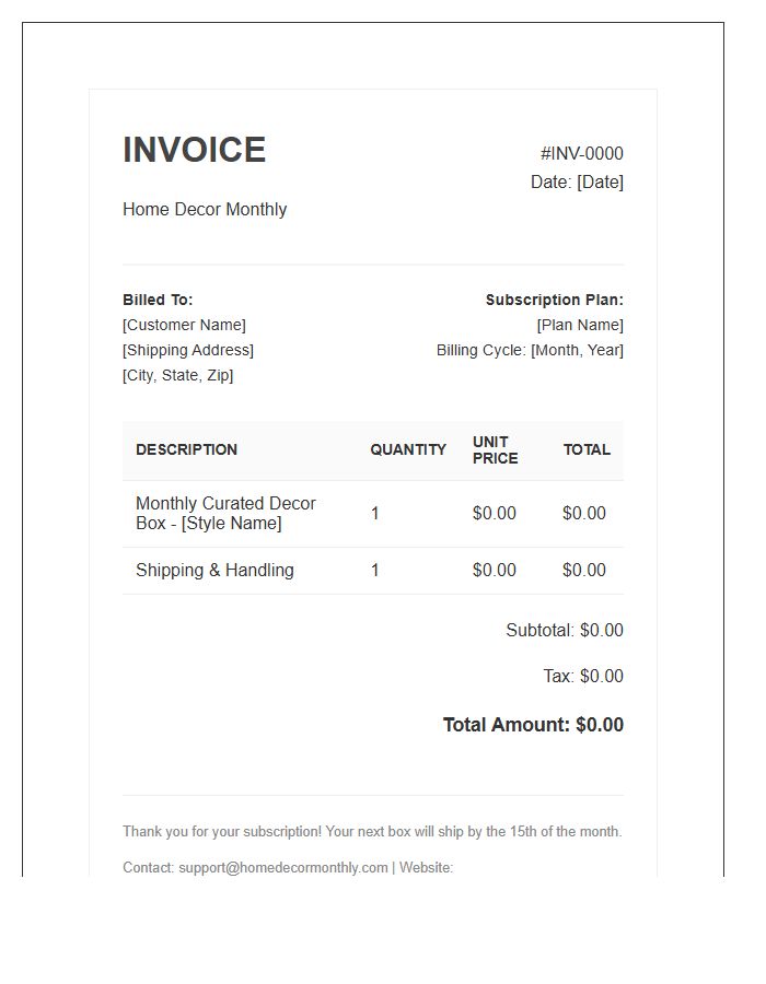 Home Decor Monthly Subscription Invoice Template