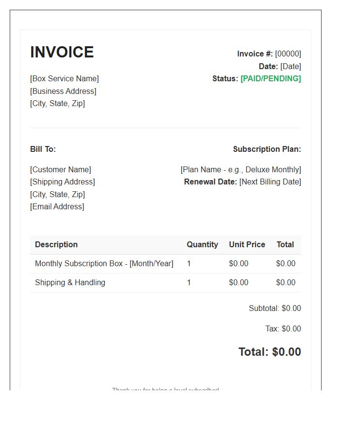 Monthly Subscription Box Service Invoice Template