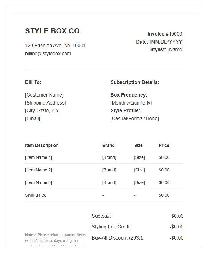 Personalized Clothing Box Service Invoice Template