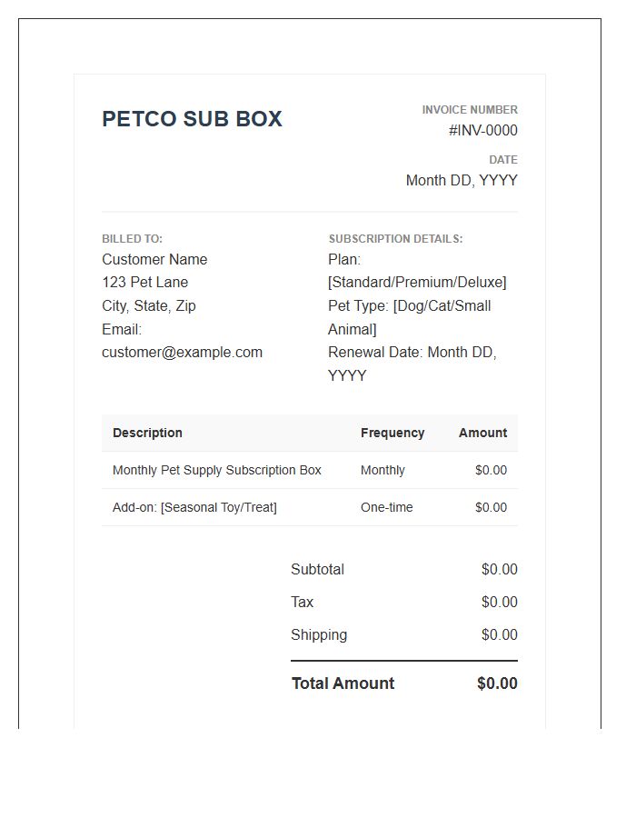 Pet Supply Monthly Subscription Invoice Template