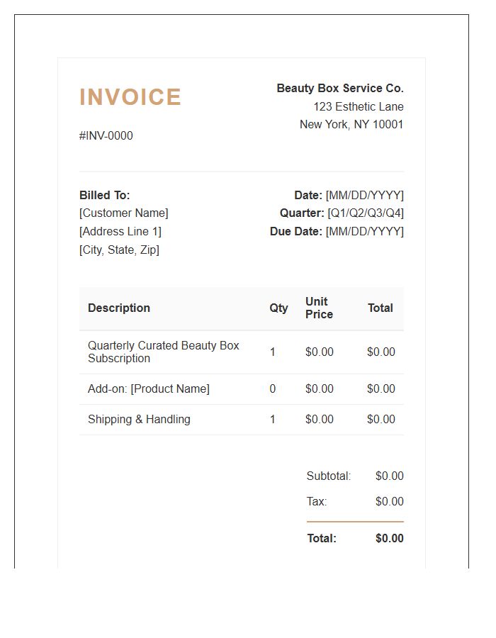 Quarterly Beauty Box Service Invoice Template
