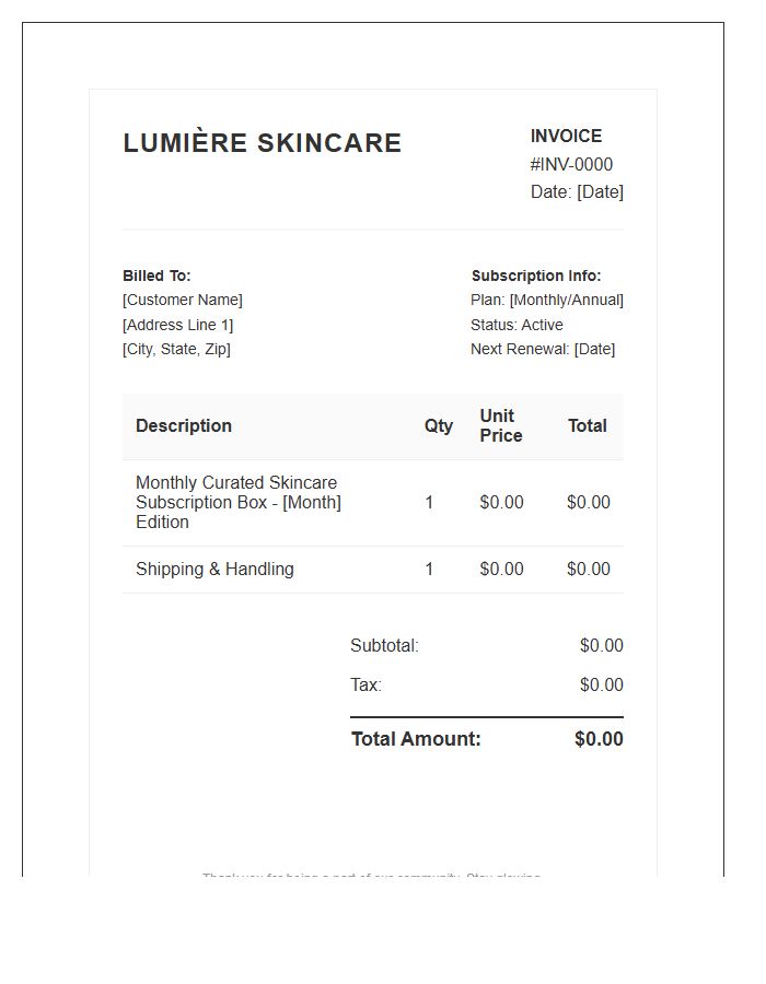 Skincare Monthly Subscription Box Invoice Template