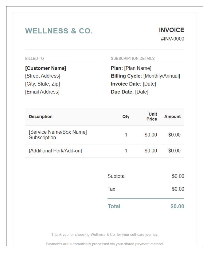 Wellness And Self Care Subscription Invoice Template