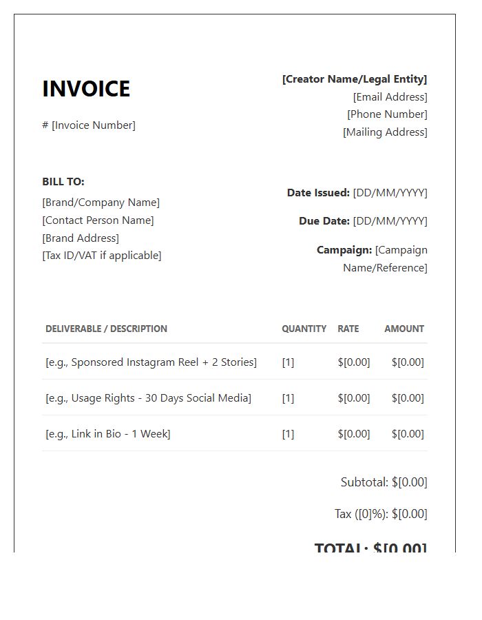 Content Creator Brand Deal Invoice Template