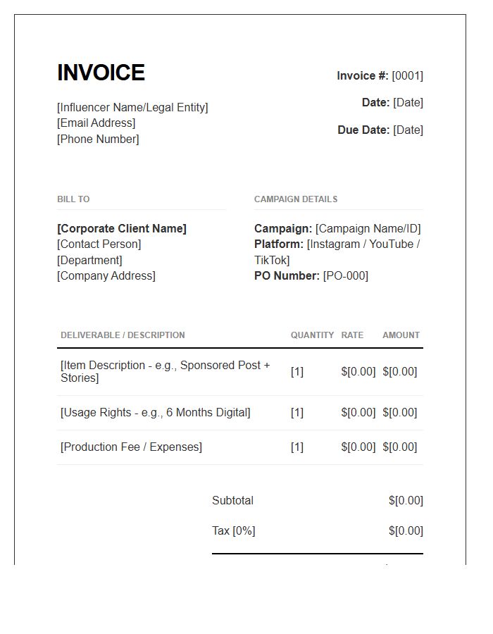 Corporate Influencer Engagement Invoice Template
