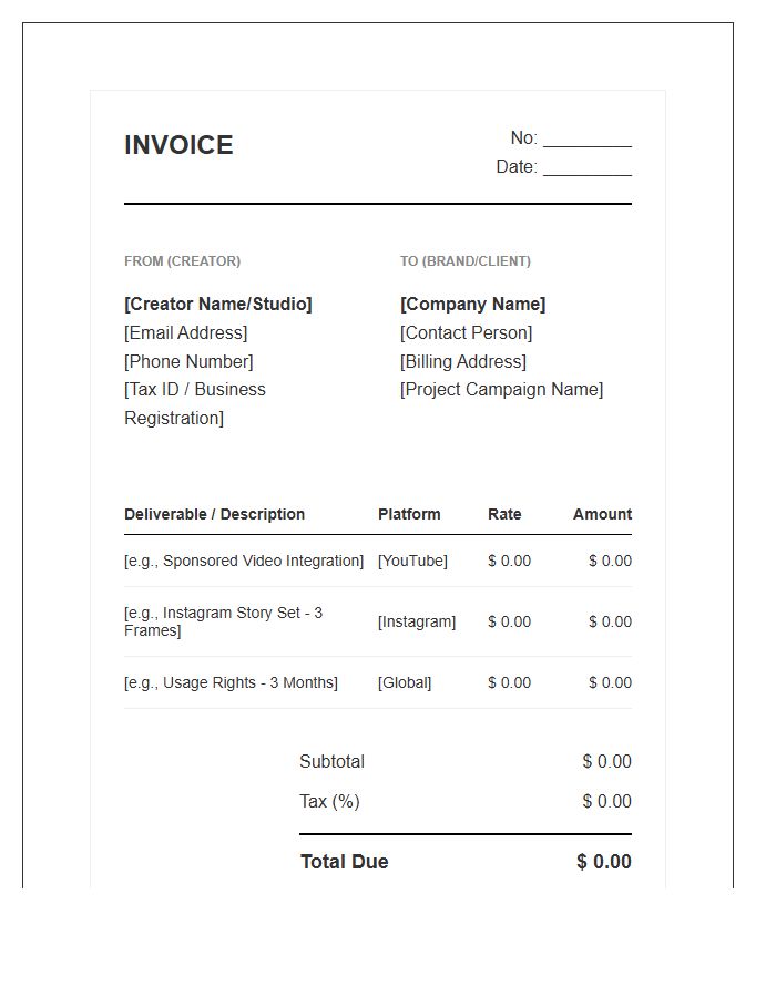 Digital Creator Collaboration Invoice Template