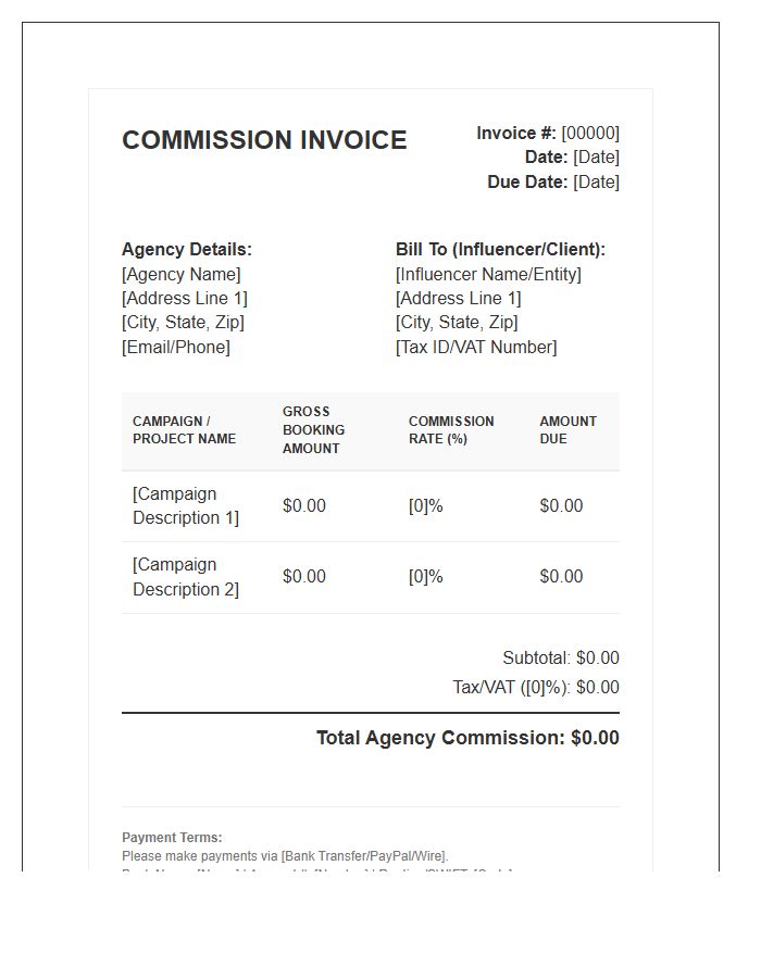 Influencer Agency Commission Invoice Template