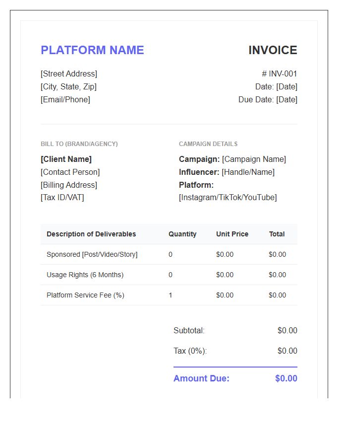 Influencer Marketing Platform Invoice Template